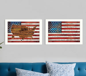 Homeroots Set Of Two American Flags White Framed Print Wall Art  Mdf Paper Print Texture 405721