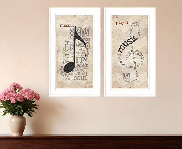 Homeroots Set Of Two Musical Notes White Framed Print Wall Art  Wood Paper 405729