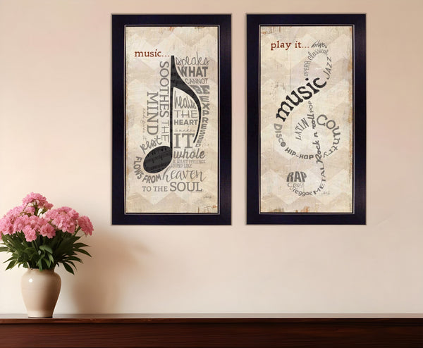 Homeroots Set Of Two Musical Notes Black Framed Print Wall Art  Mdf Paper Print Texture 405732