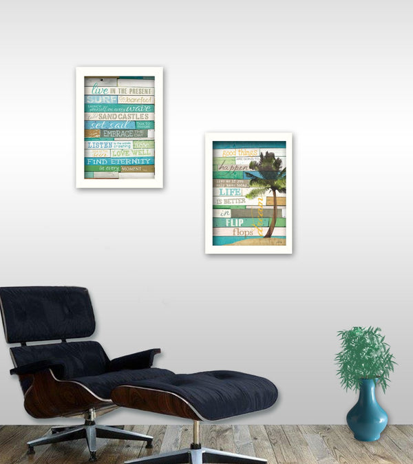 Homeroots Set Of Two Live In The Present Beachy Wall Art Prints - Stylish White Framed Home Decor Accents  Wood Product Paper Print Uv Coating 405744