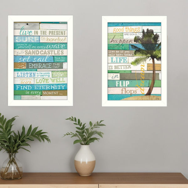 Homeroots Set Of Two Live In The Present Beachy Wall Art Prints - Stylish White Framed Home Decor Accents  Wood Product Paper Print Uv Coating 405744