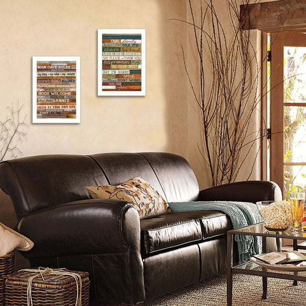 Homeroots Set Of Two White Framed Print Wall Art For Family & Man Cave Rules – Stylish Home Decor Accent  Wood Product Paper Print Uv Coating 405746