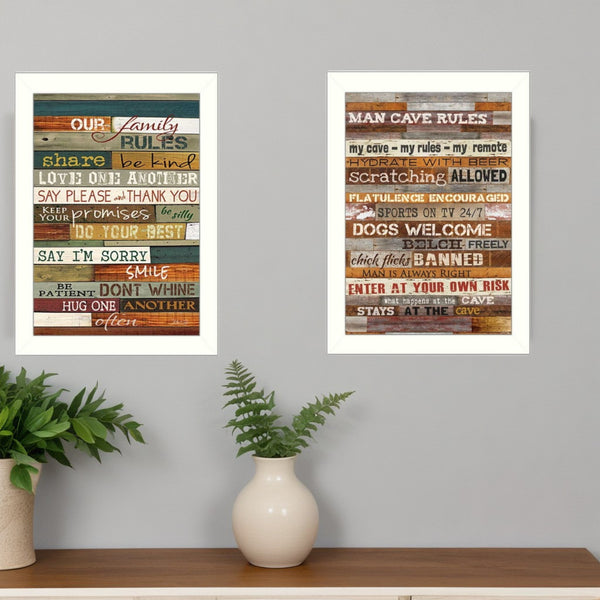 Homeroots Set Of Two White Framed Print Wall Art For Family & Man Cave Rules – Stylish Home Decor Accent  Wood Product Paper Print Uv Coating 405746