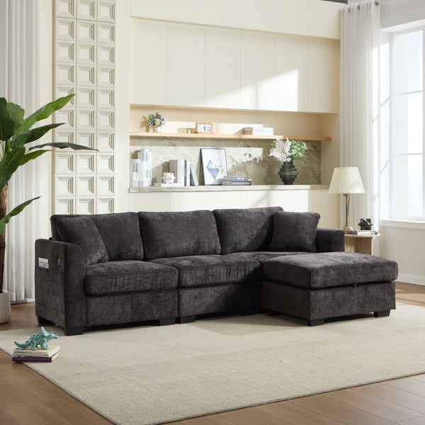 English Elm Modern Chenille L-shaped Sectional with Usb Charging Ottoman Storage Living Room Couch Black W2120S00014
