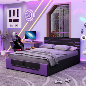 English Elm Modern Cyberpunk Queen Platform Bed Hydraulic Storage Pu Upholstered Gaming Frame Purple+Black SF000205AAI