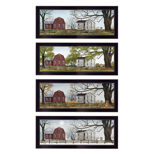 HomeRoots Set of Four Red Barn Seasonal Wall Art Prints in Black Frames - Modern Farmhouse Decor for Home 405763