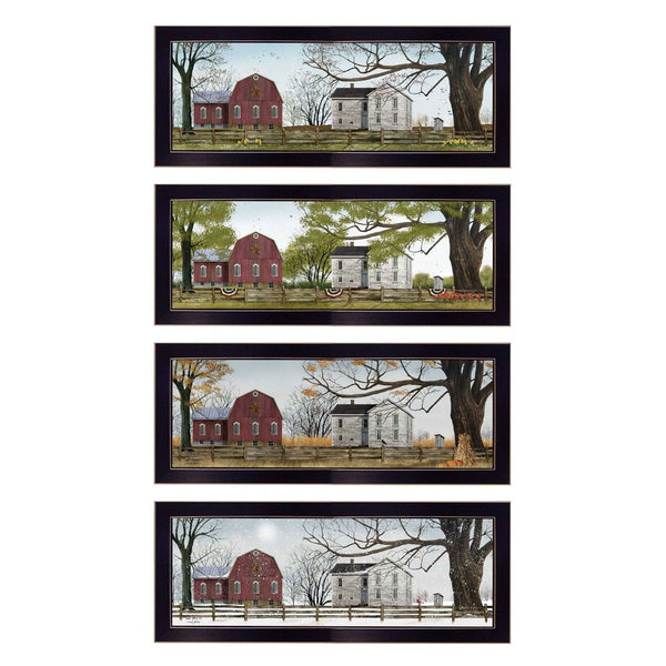 HomeRoots Set of Four Red Barn Seasonal Wall Art Prints in Black Frames - Modern Farmhouse Decor for Home 405763