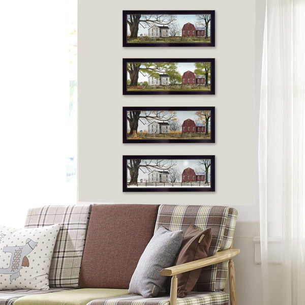 HomeRoots Set of Four Red Barn Seasonal Wall Art Prints in Black Frames - Modern Farmhouse Decor for Home 405763