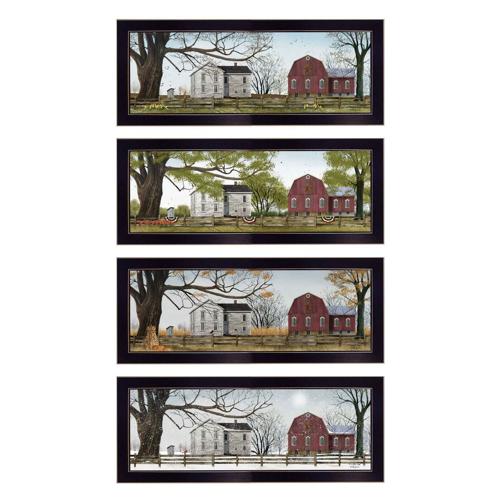 HomeRoots Set of Four Red Barn Seasonal Wall Art Prints in Black Frames - Modern Farmhouse Decor for Home 405763