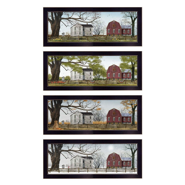 HomeRoots Set of Four Red Barn Seasonal Wall Art Prints in Black Frames - Modern Farmhouse Decor for Home 405763