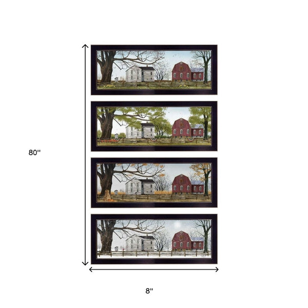 HomeRoots Set of Four Red Barn Seasonal Wall Art Prints in Black Frames - Modern Farmhouse Decor for Home 405763