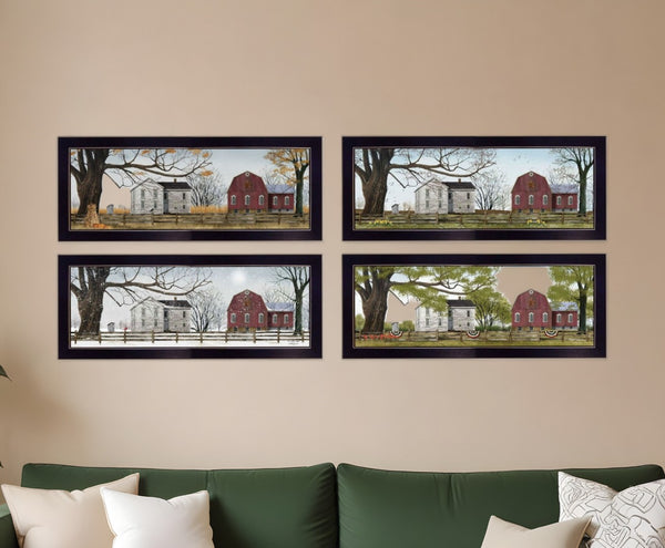 HomeRoots Set of Four Red Barn Seasonal Wall Art Prints in Black Frames - Modern Farmhouse Decor for Home 405763