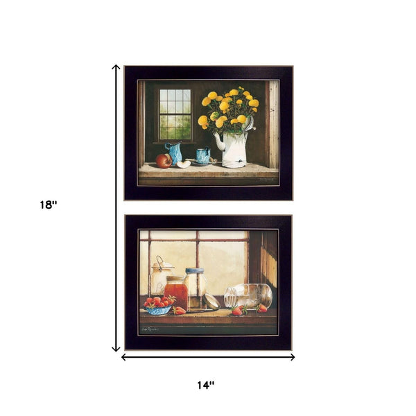 Homeroots Set Of Two Tea Apples And Strawberries Black Framed Print Kitchen Wall Art  Mdf Paper Print Texture 405772