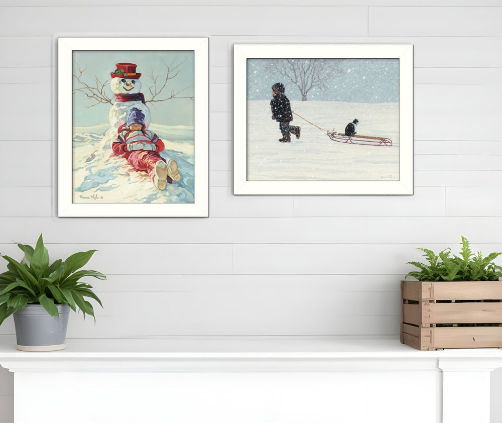 Homeroots Set Of Two Snow Memories White Framed Print Wall Art  Mdf Paper Print Texture 405776
