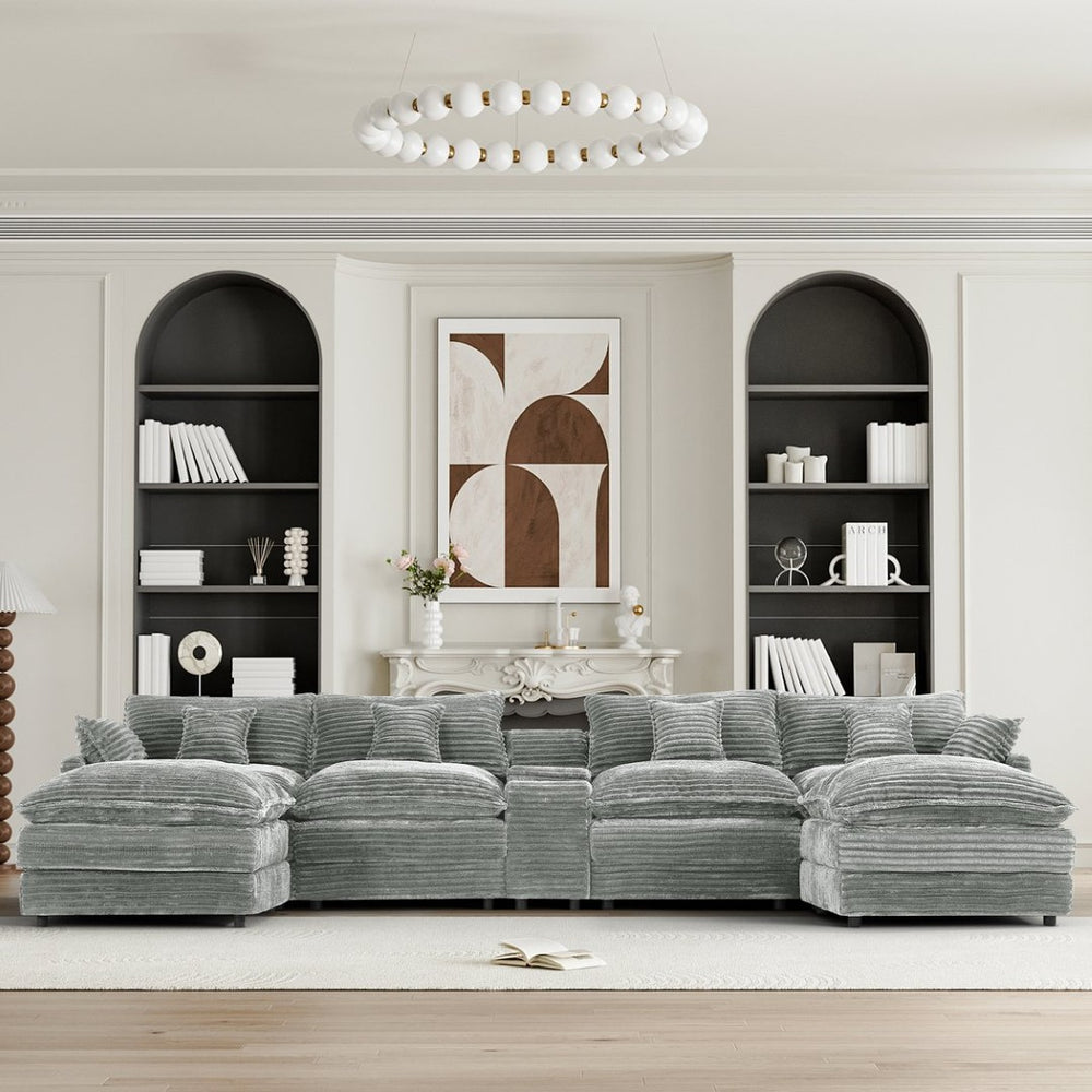 English Elm 148-inch U-shaped Sectional Seven Piece Sofa with Console Usb Port Living Room W2564S00096
