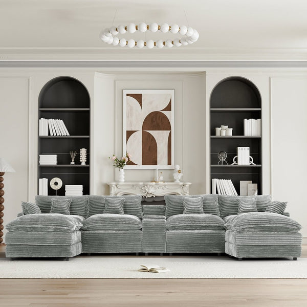 English Elm 148-inch U-shaped Sectional Seven Piece Sofa with Console Usb Port Living Room W2564S00096