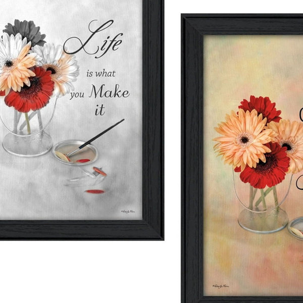 HomeRoots Set Of 2 Rectangle Paper Flower Prints - Vibrant Wall Art with Black Frames for Modern Home Décor 405810