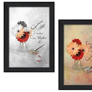 HomeRoots Set Of 2 Rectangle Paper Flower Prints - Vibrant Wall Art with Black Frames for Modern Home Décor 405810