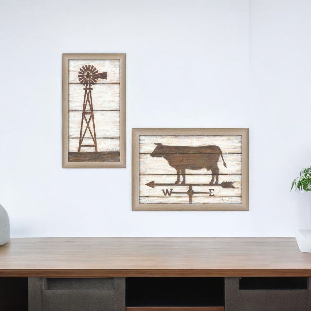 HomeRoots Set of 2 Framed Rustic Cow Paper Prints - Charming Farmhouse Art for Stylish Home Decor Update 405821