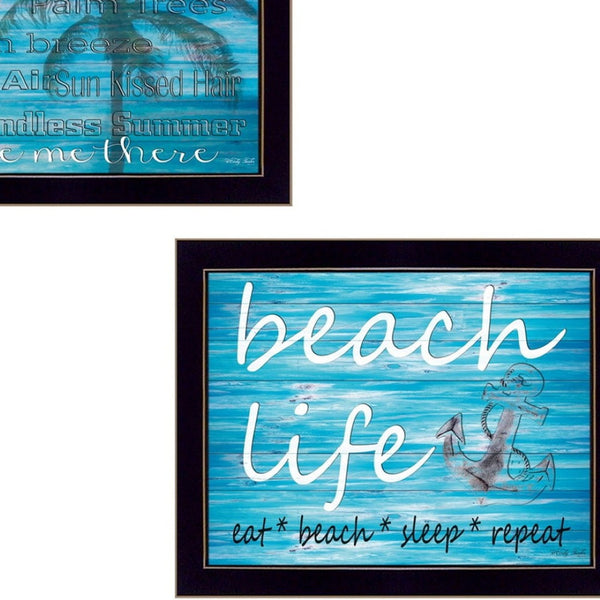 HomeRoots Set of 2 Framed Coastal Block-Print Paper Art – Vibrant Ocean-Inspired Wall Décor for Any Room 405835