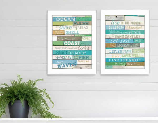 Homeroots Set Of Two Live In The Present White Framed Wall Art Prints - Trendy Home Decor For Modern Spaces  Wood Product Paper Print Uv Coating 405843
