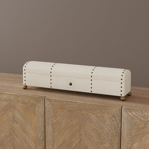 Sarreid Leather Telescope Box - Elegant Design With Printed Paper Interior, Crafted With Wood & Brass Chain Ivory  40584