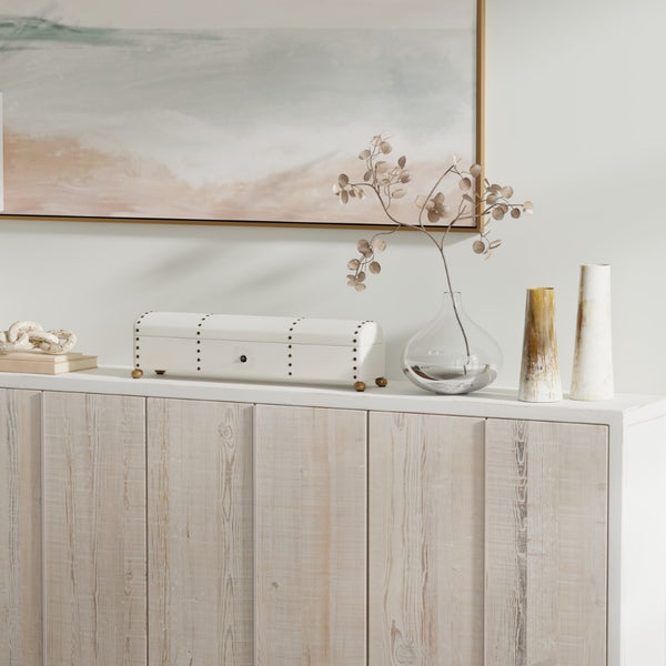 Sarreid Leather Telescope Box - Elegant Design With Printed Paper Interior, Crafted With Wood & Brass Chain Ivory  40584