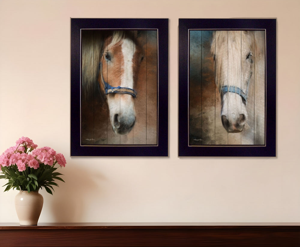 Homeroots Set Of Two Two Horses Black Framed Print Wall Art  Wood Product Paper Print Uv Coating 405871