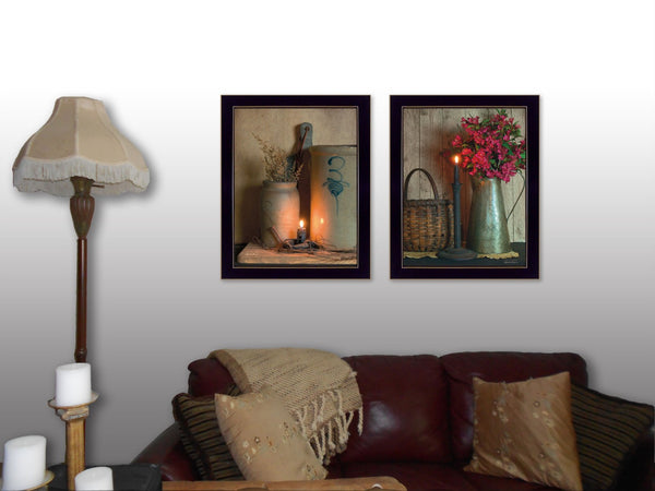 HomeRoots Set of Two Americana Candlelight Prints - Elegant Black Framed Wall Art for Cozy Home Decor 405873