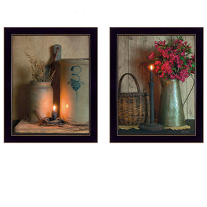 HomeRoots Set of Two Americana Candlelight Prints - Elegant Black Framed Wall Art for Cozy Home Decor 405873