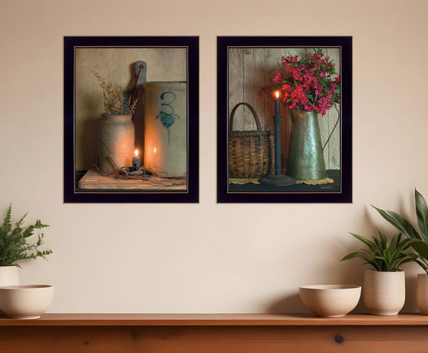 HomeRoots Set of Two Americana Candlelight Prints - Elegant Black Framed Wall Art for Cozy Home Decor 405873