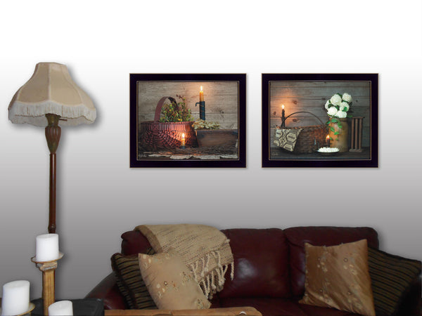 Homeroots Set Of Two Baskets And Flowers Black Framed Print Wall Art  Wood Product Paper Print Uv Coating 405874