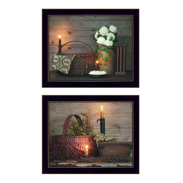 Homeroots Set Of Two Baskets And Flowers Black Framed Print Wall Art  Wood Product Paper Print Uv Coating 405874