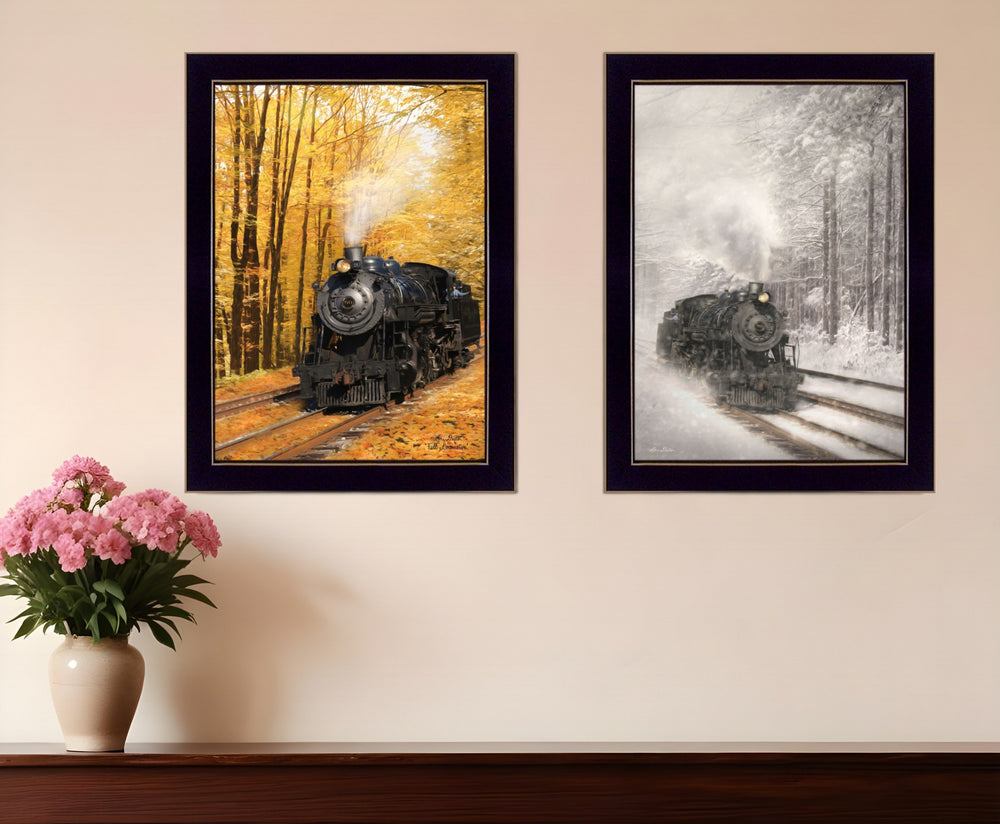 Homeroots Set Of Two Vintage Locomotives Black Framed Print Wall Art  Wood Product Paper Print Uv Coating 405880