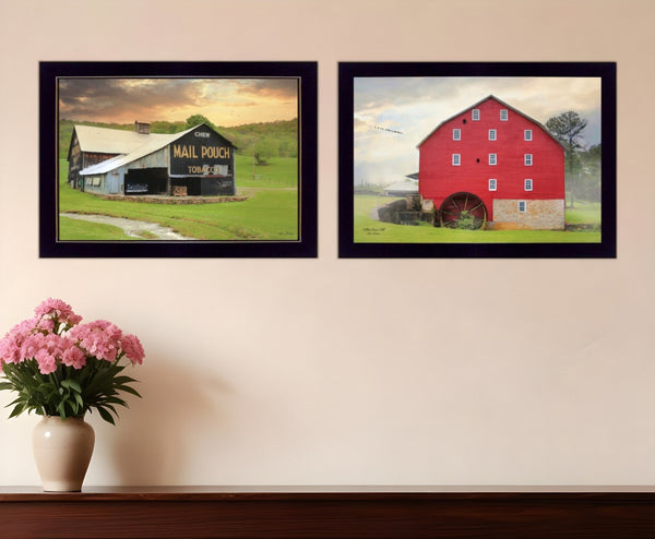 Homeroots Set Of Two Mail Pouch Red Barn And Mill  Black Framed Print Wall Art  Wood Product Paper Print Uv Coating 405884