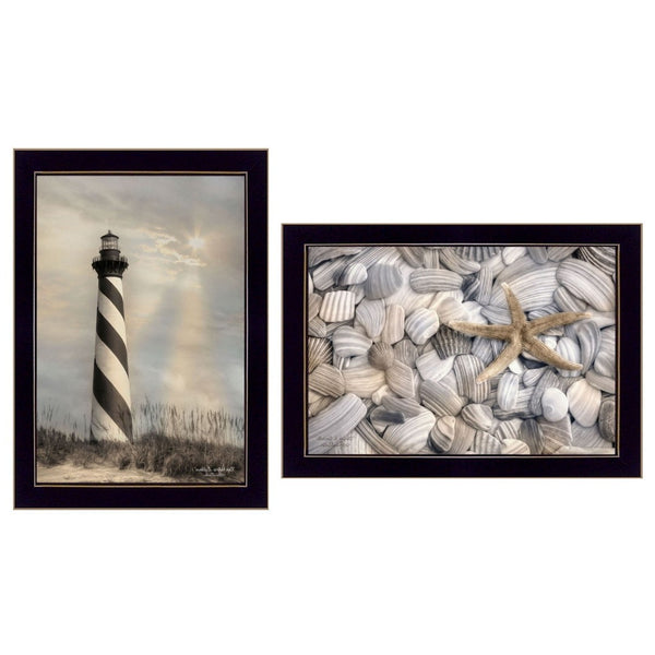 HomeRoots Set of Two Coastal Cape Hatteras Lighthouse & Seashell Framed Prints for Elegant Wall Decor 405885