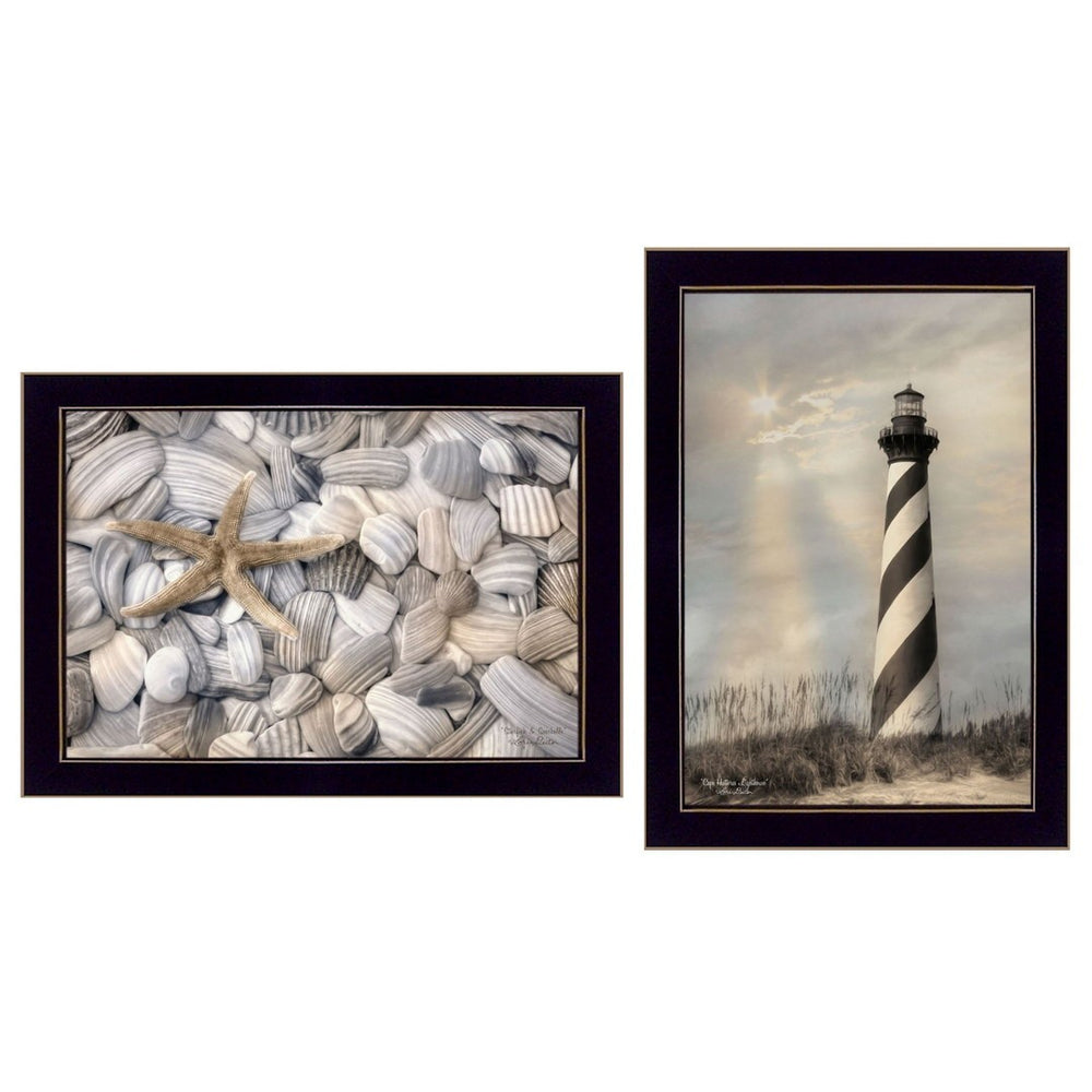 HomeRoots Set of Two Coastal Cape Hatteras Lighthouse & Seashell Framed Prints for Elegant Wall Decor 405885