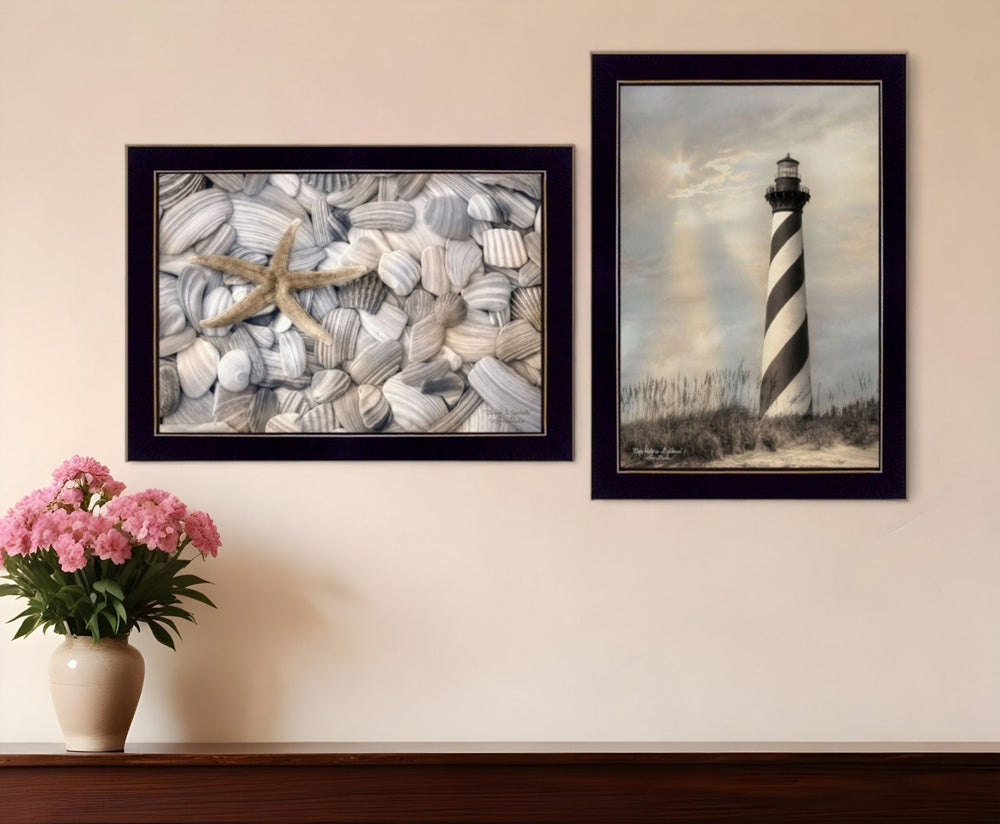 HomeRoots Set of Two Coastal Cape Hatteras Lighthouse & Seashell Framed Prints for Elegant Wall Decor 405885