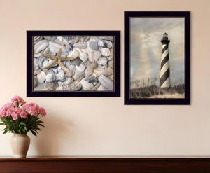 HomeRoots Set of Two Coastal Cape Hatteras Lighthouse & Seashell Framed Prints for Elegant Wall Decor 405885