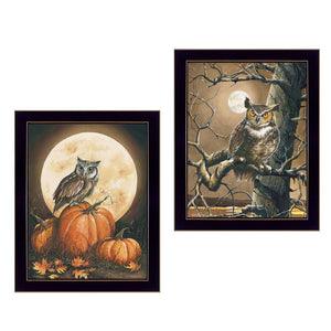 HomeRoots Set of Two Autumn Owl Prints in Sleek Black Frames - Charming Wall Art for Cozy Home Décor 405893