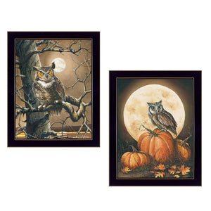 HomeRoots Set of Two Autumn Owl Prints in Sleek Black Frames - Charming Wall Art for Cozy Home Décor 405893