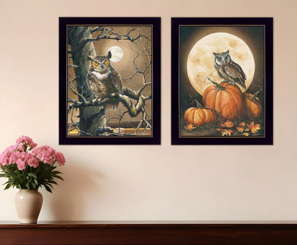 HomeRoots Set of Two Autumn Owl Prints in Sleek Black Frames - Charming Wall Art for Cozy Home Décor 405893