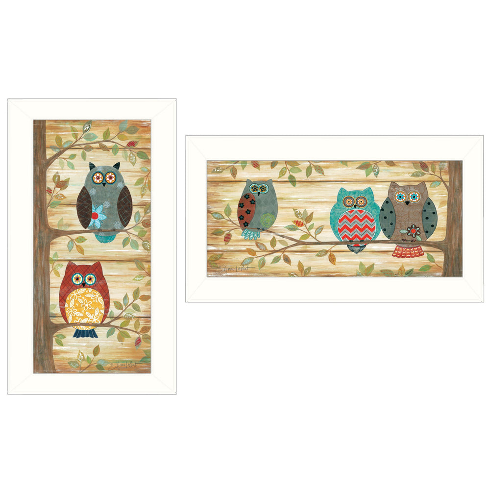 Homeroots Set Of Two Whimsical Owls White Framed Print Wall Art  Wood Paper And Texture 405898