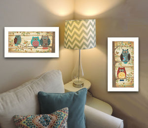 Homeroots Set Of Two Whimsical Owls White Framed Print Wall Art  Wood Paper And Texture 405898