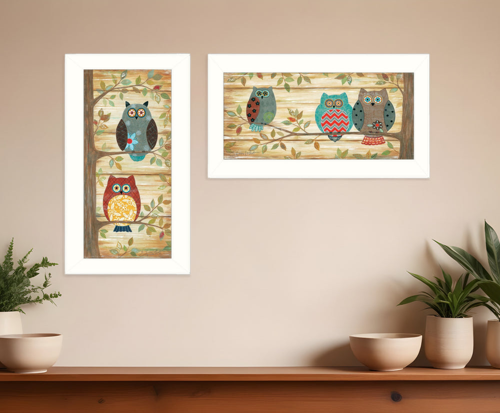 Homeroots Set Of Two Whimsical Owls White Framed Print Wall Art  Wood Paper And Texture 405898