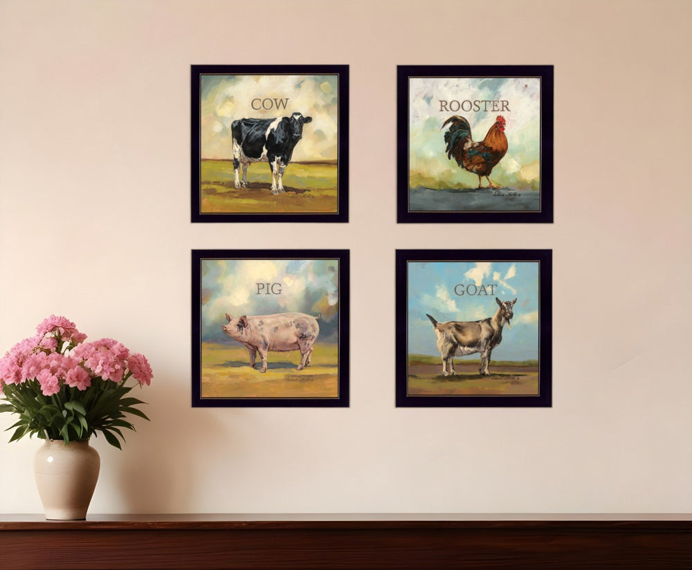 HomeRoots Set of Four Framed Farm Animal Prints - Charming Wall Art for Rustic Home Decor & Modern Spaces 405907