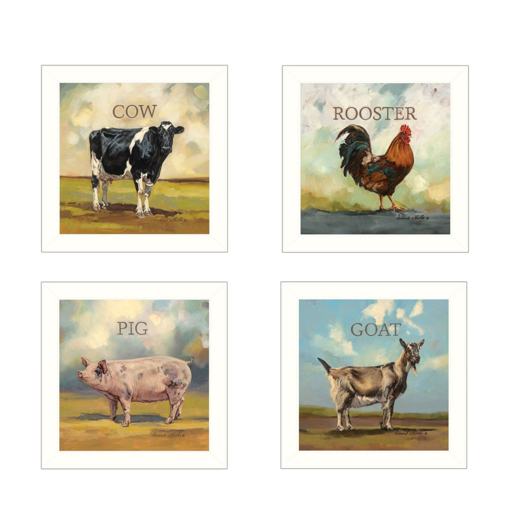 HomeRoots Set of Four Farm Animal Framed Prints - Rustic Wall Art for Home Décor in White Frames 405908