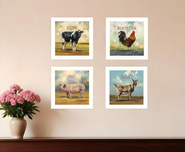 HomeRoots Set of Four Farm Animal Framed Prints - Rustic Wall Art for Home Décor in White Frames 405908