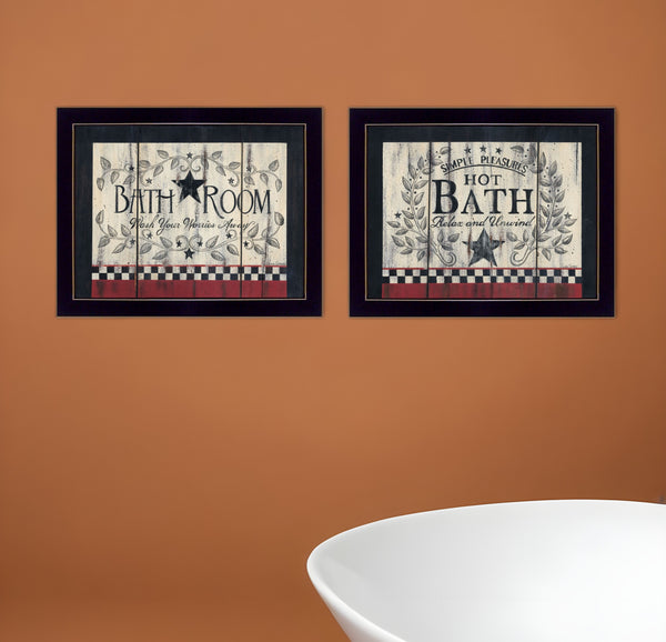 Homeroots Set Of Two Hot Bath 9 Black Framed Print Bathroom Wall Art  Wood Paper And Texture 405912