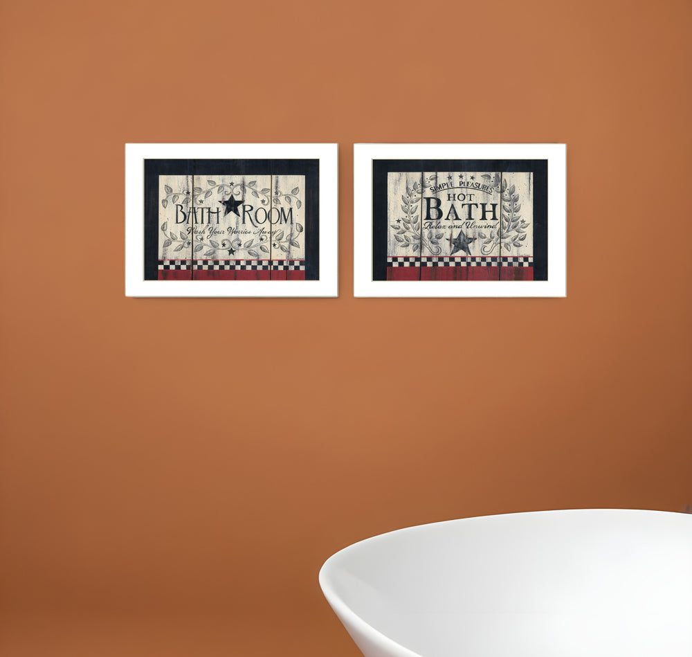 Homeroots Set Of Two Hot Bath 3 White Framed Prints – Trendy Bathroom Wall Art For Stylish Home Decor  Wood Paper And Texture 405917